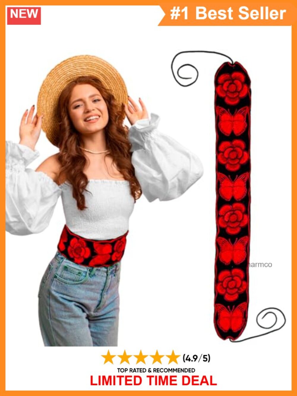Embroidered Mexican Sash Belt Cotton Blend Adjustable Fits 24-36in